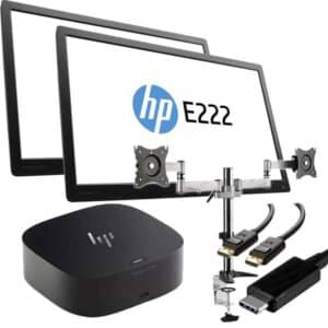 Dual Full HD 22" LED Monitors with Dual Desk Mount Arms and an HP Docking Station