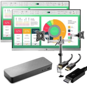 Dual HP 22" Monitors with Desk Mount Arms and a USB-C Docking Station - Complete Setup / All-you-need