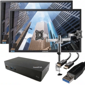 Dual 24" Samsungs with Deskmount arms and a USB 3.0 docking station