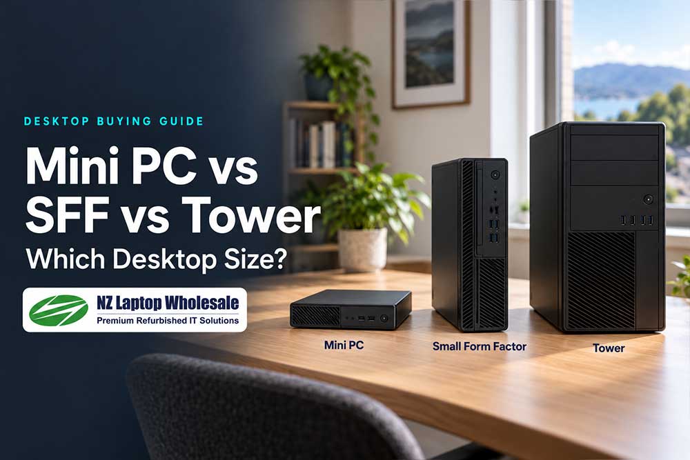 Mini PC, small form factor and tower desktop computers side by side, showing their different sizes.