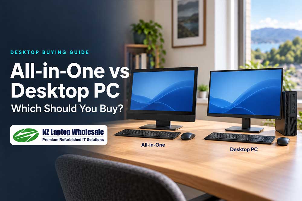 All-in-one computer beside a separate desktop PC and monitor, comparing two home office setups.
