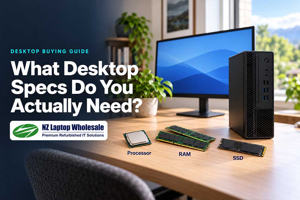 Desktop computer and monitor with a processor, RAM and SSD displayed on the desk.